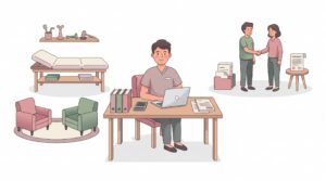 Illustration zur Selbstständigkeit als Ergotherapeut mit Praxisplanung, Therapieraum und organisatorischen Gründungsschritten