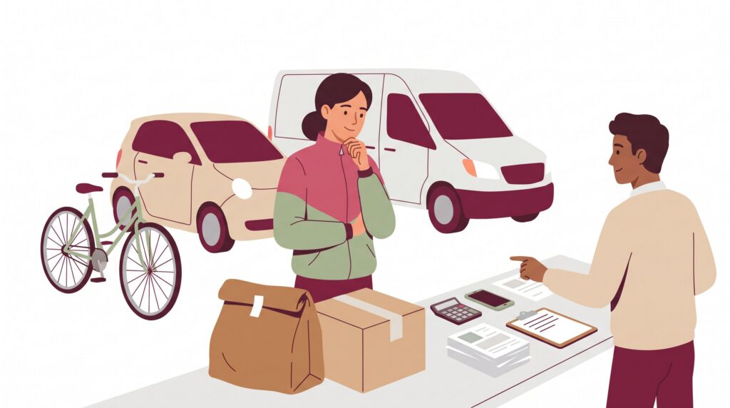 Illustration zur Selbstständigkeit als Kurierfahrer mit Fahrrad, Auto, Transporter und Unterlagen zur Gewerbeanmeldung