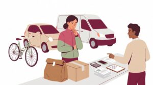 Illustration zur Selbstständigkeit als Kurierfahrer mit Fahrrad, Auto, Transporter und Unterlagen zur Gewerbeanmeldung