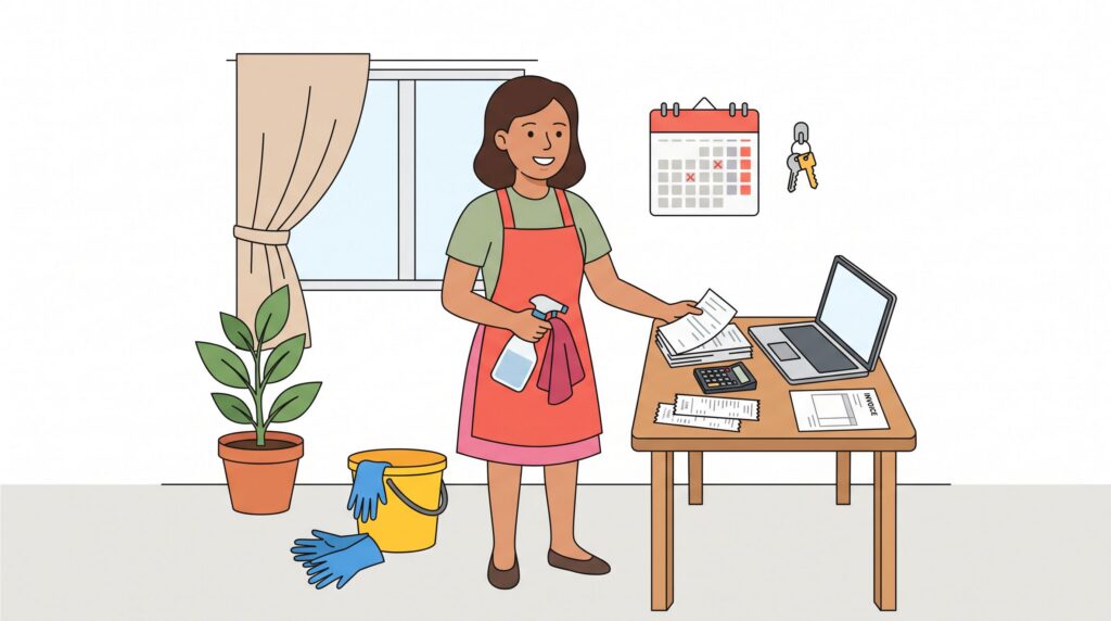 Illustration einer selbstständigen Reinigungskraft im Privathaushalt mit Reinigungsutensilien, Unterlagen, Laptop und Kalender