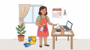 Illustration einer selbstständigen Reinigungskraft im Privathaushalt mit Reinigungsutensilien, Unterlagen, Laptop und Kalender