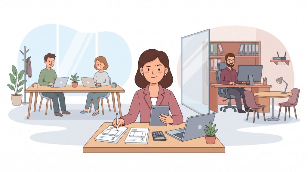 Illustration eines Gründers beim Vergleich von Coworking Space und eigenem Büro