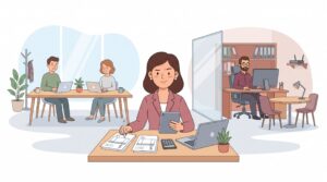 Illustration eines Gründers beim Vergleich von Coworking Space und eigenem Büro