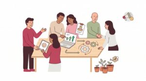 Illustration eines kleinen Teams, das günstige Wachstumsstrategien für ein Unternehmen plant, mit Kundenbindung, Kooperation, Automatisierung und organischem Wachstum.
