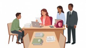 Illustration zum Firmenrechtsschutz mit Unternehmerin am Schreibtisch, Mitarbeitendem, Kundin und Behördenvertreter in einer Büroszene