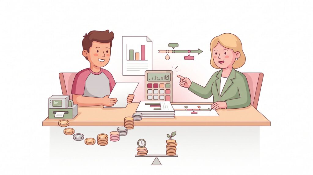 Illustration zur Berechnung der Amortisationszeit mit selbstständigem Unternehmer und Finanzberaterin am Schreibtisch