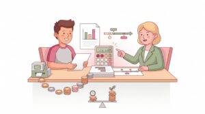 Illustration zur Berechnung der Amortisationszeit mit selbstständigem Unternehmer und Finanzberaterin am Schreibtisch
