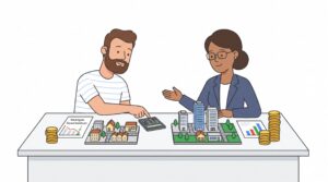 Illustration eines Unternehmers und einer Steuerberaterin, die an einem Schreibtisch zwei Stadtmodelle, Rechner, Diagramme und Münzstapel zur Gewerbesteuer und Standortwahl vergleichen