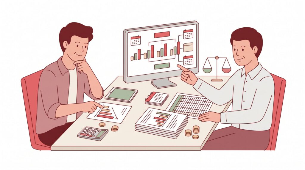 Illustration zur Investitionsrechnung mit zwei Personen am Schreibtisch, die Investitionsoptionen, Zahlungsströme und Zeitwert vergleichen