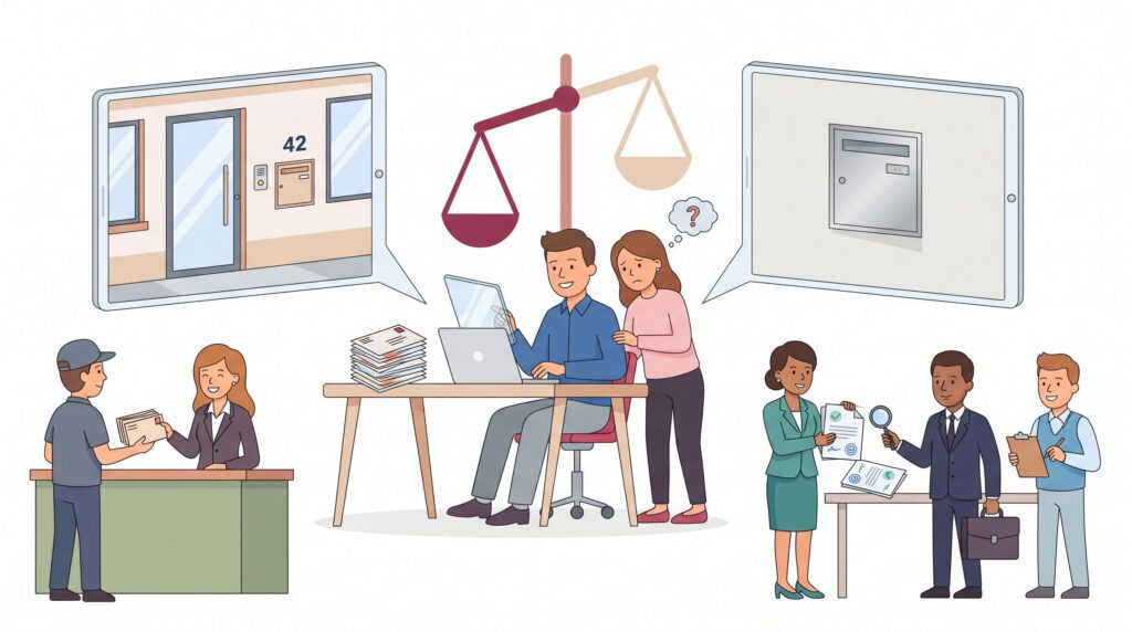 Illustration zur rechtlichen Nutzung einer virtuellen Geschäftsadresse mit Vergleich zwischen echter ladungsfähiger Adresse und riskanter Briefkastenlösung