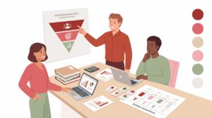 Illustration eines Gründerteams bei der Erstellung einer Marktanalyse für einen Businessplan an einem Schreibtisch mit Zielmarkt-Funnel, Wettbewerbsvergleich und Umsatzschätzung
