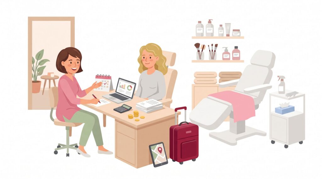 Illustration einer selbstständigen Kosmetikerin bei der Gründungsplanung mit Studio, Heimstudio- und mobilem Angebot