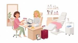 Illustration einer selbstständigen Kosmetikerin bei der Gründungsplanung mit Studio, Heimstudio- und mobilem Angebot