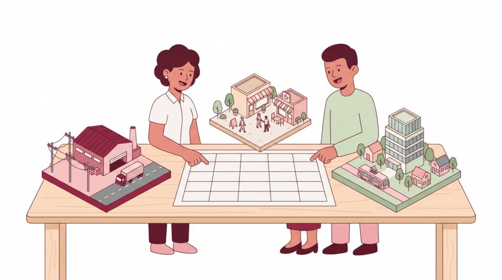 Illustration eines kleinen Teams, das drei Unternehmensstandorte mit Bewertungsmatrix vergleicht: Industrieareal, Ladenstraße und modernes Büroquartier.