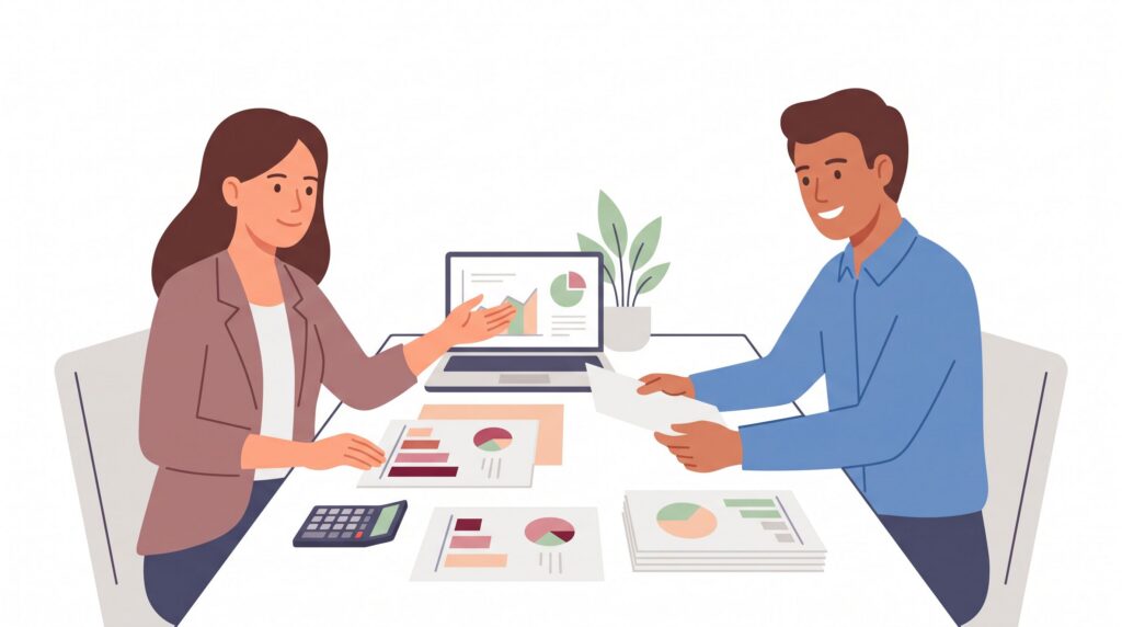 Illustration eines Gründers im Bankgespräch mit Businessplan, Finanzunterlagen, Laptop und Bankberater
