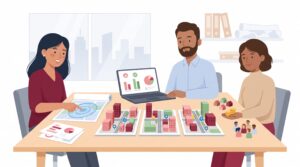 Illustration eines Analystenteams, das demografische Daten, Einzugsgebiete und Standortmodelle für eine Standortanalyse vergleicht.