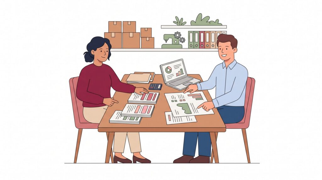 Illustration zum Unternehmenskredit-Vergleich mit Unternehmerin und Bankberater am Tisch, die Kreditangebote, Kosten und Rückzahlungspläne prüfen.