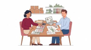 Illustration zum Unternehmenskredit-Vergleich mit Unternehmerin und Bankberater am Tisch, die Kreditangebote, Kosten und Rückzahlungspläne prüfen.
