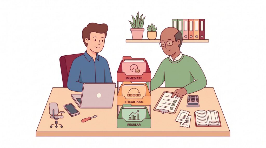 Illustration eines Selbstständigen und eines Steuerberaters am Schreibtisch mit Laptop, Bürostuhl, Telefon und Werkzeug sowie drei Ablagewegen für Sofortabschreibung, Sammelposten und reguläre AfA.