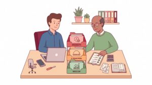 Illustration eines Selbstständigen und eines Steuerberaters am Schreibtisch mit Laptop, Bürostuhl, Telefon und Werkzeug sowie drei Ablagewegen für Sofortabschreibung, Sammelposten und reguläre AfA.