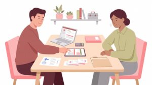 Illustration eines Gründers im Gespräch mit einer Jobcenter-Beraterin über Gewerbeanmeldung, Gewinn und Unterlagen im Homeoffice