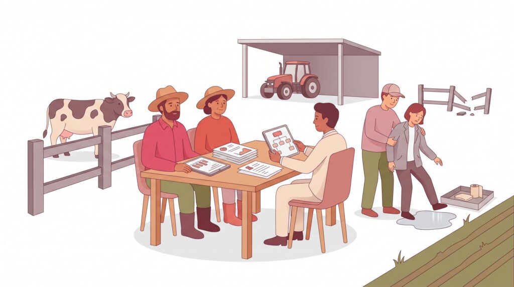 Illustration zur landwirtschaftlichen Betriebshaftpflicht mit Landwirt, Landwirtin, Versicherungsberater, Hofbesucher, Kuh, Traktor, beschädigtem Zaun und Umweltrisiko im Hofumfeld