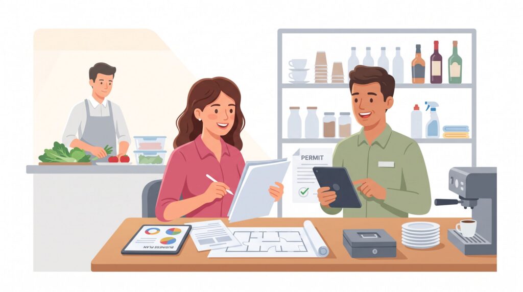 Illustration zur Selbstständigkeit als Gastronom mit Gründer, Behörde und Hygienevorbereitung im Café