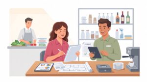 Illustration zur Selbstständigkeit als Gastronom mit Gründer, Behörde und Hygienevorbereitung im Café