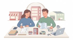 Zwei Personen vergleichen an einem Schreibtisch drei Gewerbestandorte anhand einer Checkliste, Karte und Bewertungsunterlagen.