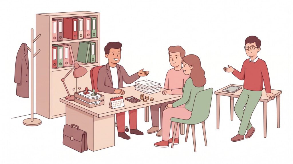 Illustration eines selbstständigen Versicherungsmaklers im Beratungsgespräch mit Kunden in einem Büro