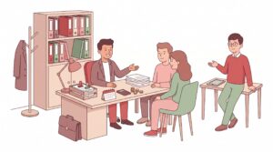 Illustration eines selbstständigen Versicherungsmaklers im Beratungsgespräch mit Kunden in einem Büro