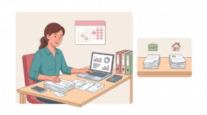 Solo-selbstständige Person am Schreibtisch bei der Vorbereitung einer Steuererklärung mit sortierten Unterlagen, Laptop, Kalender und getrennten privaten und geschäftlichen Dokumenten