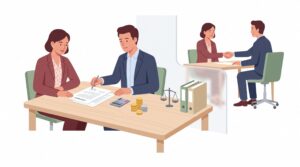 Selbstständiger Mandant bespricht mit einem Vertragsanwalt an einem Schreibtisch einen Vertrag; auf dem Tisch liegen Rechner, Münzen, Waage und Ordner, im Hintergrund ein Handschlag als Symbol für außergerichtliche Einigung.