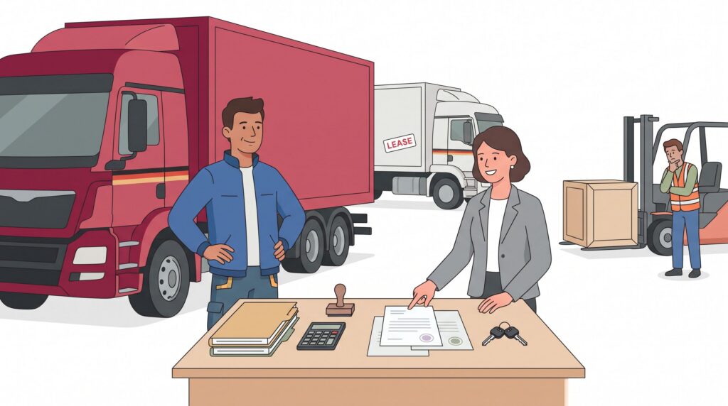 Illustration eines selbstständigen LKW-Fahrers beim Start in die Selbstständigkeit mit LKW, Unterlagen, Genehmigungen und Beratungsgespräch