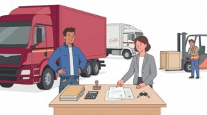 Illustration eines selbstständigen LKW-Fahrers beim Start in die Selbstständigkeit mit LKW, Unterlagen, Genehmigungen und Beratungsgespräch