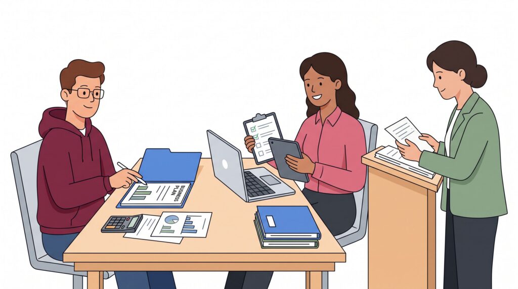 Illustration eines Gründers im Gespräch mit einer Jobcenter-Beraterin und einer fachkundigen Prüferin über einen Businessplan und Finanzunterlagen