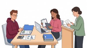 Illustration eines Gründers im Gespräch mit einer Jobcenter-Beraterin und einer fachkundigen Prüferin über einen Businessplan und Finanzunterlagen