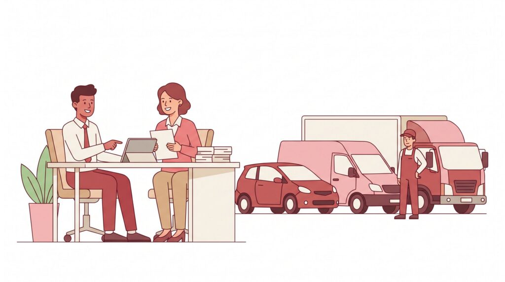 Illustration eines kleinen Unternehmens mit Geschäftsinhaber und Versicherungsberater am Schreibtisch sowie mehreren Firmenfahrzeugen und einem Fahrer im Hintergrund