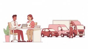 Illustration eines kleinen Unternehmens mit Geschäftsinhaber und Versicherungsberater am Schreibtisch sowie mehreren Firmenfahrzeugen und einem Fahrer im Hintergrund