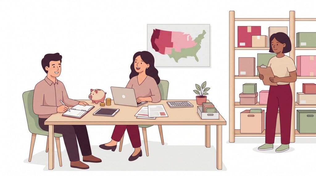 Illustration zur Förderung von Kleinunternehmen mit Unternehmer, Beraterin und Teammitglied in einem Büro mit Laptop, Unterlagen, Sparschwein und Regalen