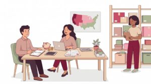 Illustration zur Förderung von Kleinunternehmen mit Unternehmer, Beraterin und Teammitglied in einem Büro mit Laptop, Unterlagen, Sparschwein und Regalen