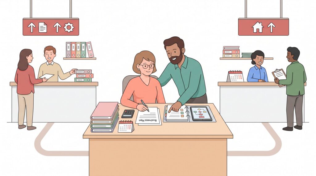 Illustration zur Förderung bei Selbstständigkeit vom Arbeitsamt mit Gründerin, Berater und zwei Förderwegen an Serviceschaltern.