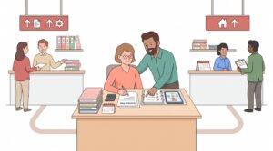 Illustration zur Förderung bei Selbstständigkeit vom Arbeitsamt mit Gründerin, Berater und zwei Förderwegen an Serviceschaltern.
