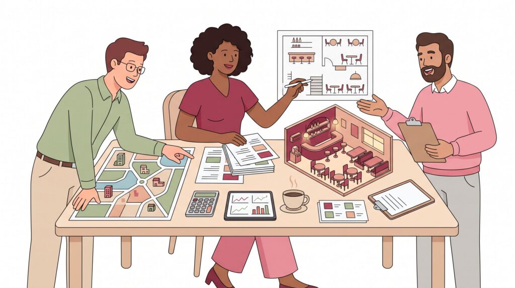 Illustration eines Gastronomiegründers mit zwei Beratern bei der Erstellung eines Businessplans für Restaurant, Café oder Bar mit Standortkarte, Finanzunterlagen und Miniatur-Innenraum.
