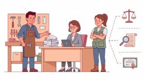 Illustration zur Selbstständigkeit im Handwerk ohne Meisterbrief mit Gründer, Handwerkskammer-Beratung und technischem Betriebsleiter