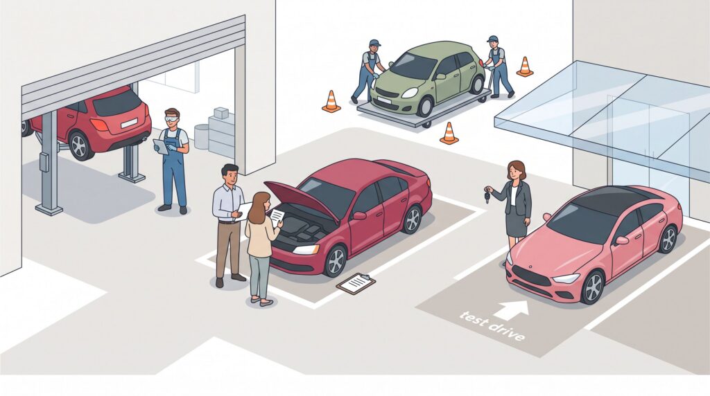 Illustration eines Autohauses mit Werkstatt, Kundenfahrzeug, Probefahrt und Fahrzeugbestand im Kontext der Kfz-Handel- und Handwerkversicherung