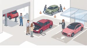 Illustration eines Autohauses mit Werkstatt, Kundenfahrzeug, Probefahrt und Fahrzeugbestand im Kontext der Kfz-Handel- und Handwerkversicherung