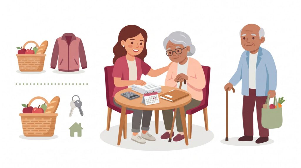Selbstständige Alltagsbegleiterin unterstützt eine Seniorin am Tisch mit Unterlagen, während ein weiterer Senior mit Einkaufstasche bereit zur Begleitung steht.