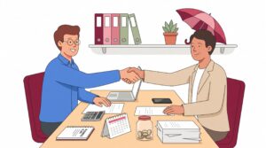 Selbstständiger Dienstleister plant die Gründung am Schreibtisch und begrüßt einen ersten Kunden zum Beratungsgespräch.