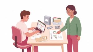 Selbstständige Person organisiert Anlagegüter am Laptop, während eine steuerberatende Person auf eine geordnete Übersicht am Schreibtisch zeigt.
